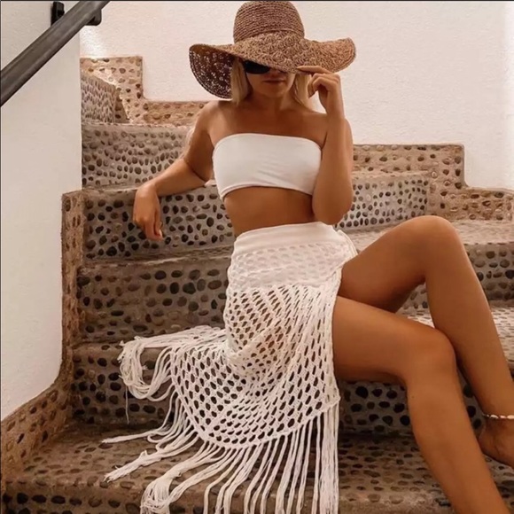 White Fringe Crochet Boho Beach Skirt Coverup - Picture 2 of 8